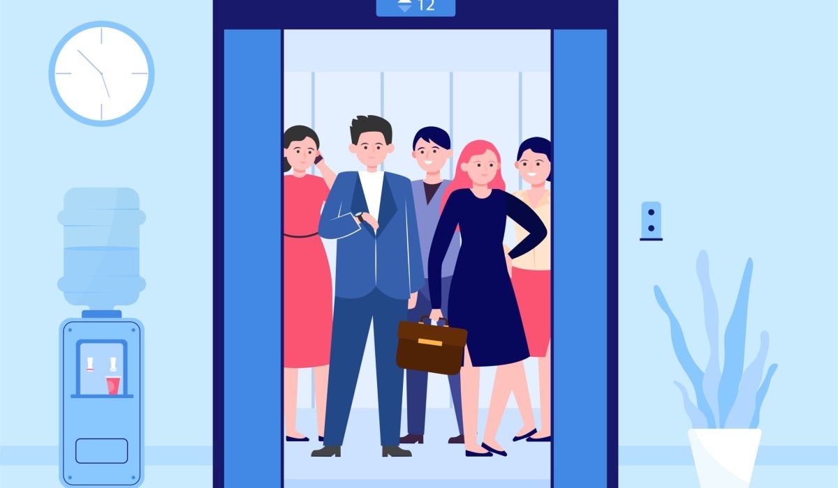 Different people lifting on elevator. Open door of office lifts with workers waiting moving inside cabin. Vector illustration for office hall, end of business, transportation concept